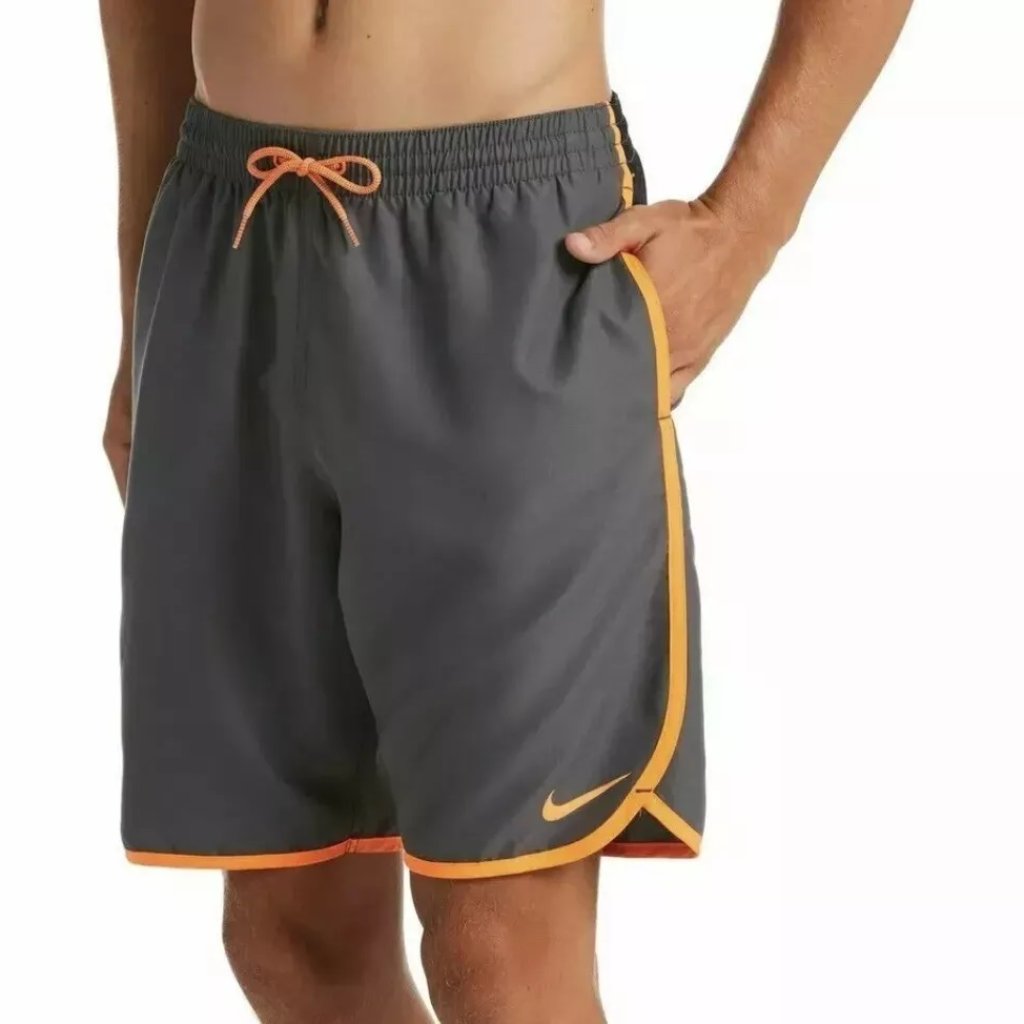 Nike Men's Swim Shorts Size Small Gray Orange Water Repellent Lined Drawstring